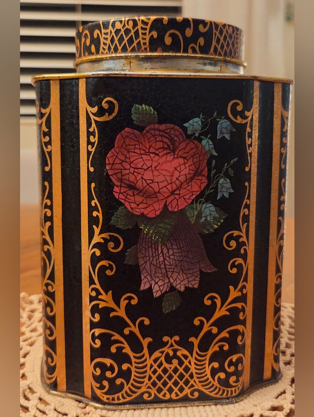Vintage Claremont Mosaic Tea Caddy Tin Floral Black Gold Made in England
